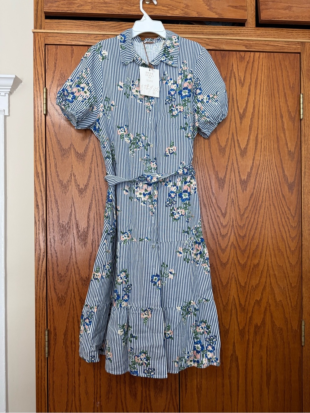 Spighe Di Lino Striped Blue Floral Midi Dress with Tie Waist